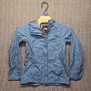 The North Face DryVent Rain Jacket Women's Small Blue Polka Dot Hooded FLAWED